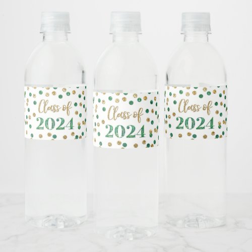 Green Gold Glitter Confetti Graduation Water Bottle Label