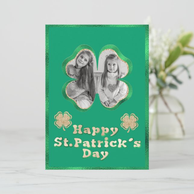 Green & Gold Glitter Custom Photo St. Patrick's Holiday Card (Standing Front)