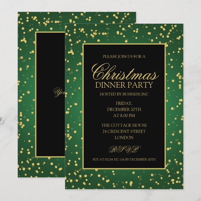 Green Gold Glitter Dots Christmas Dinner Party Invitation (Front/Back)