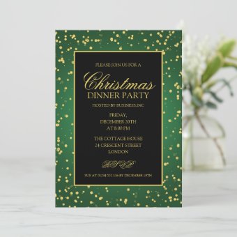 Green Gold Glitter Dots Christmas Dinner Party Invitation | Zazzle