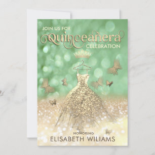 Green Gold glitter dress butterfly  Quinceañera Invitation