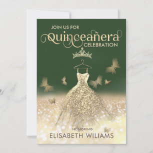 Green Gold glitter dress butterfly  Quinceañera Invitation