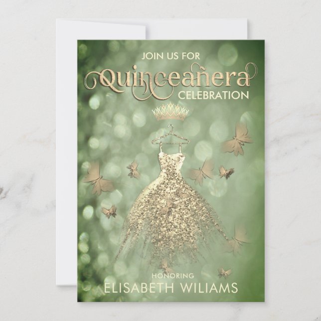 Green Gold glitter dress butterfly  Quinceañera  Invitation (Front)