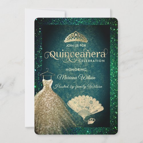 Green Gold glitter dress tiara fan Quinceaera  In Invitation