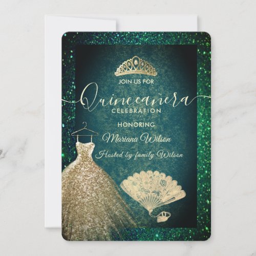 Green Gold glitter dress tiara fan Quinceaera  Invitation