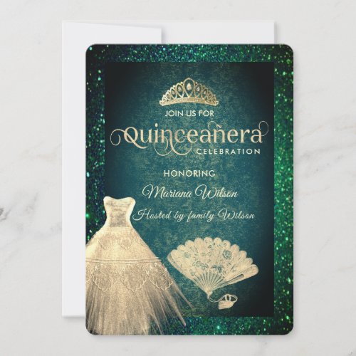 Green Gold glitter dress tiara fan Quinceaera Invitation