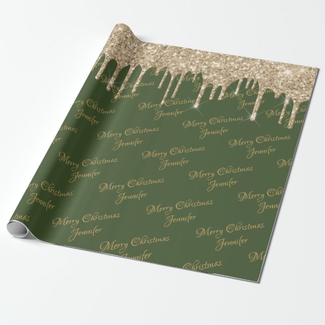Green Gold Glitter Dripping Christmas Name Script Wrapping Paper (Unrolled)