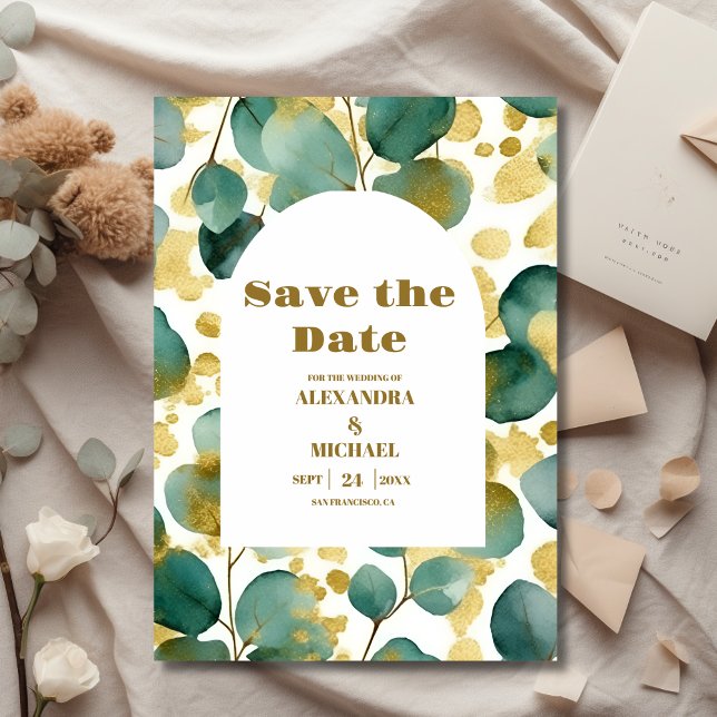 Green Gold Glitter Eucalyptus Wedding Save The Date (Creator Uploaded)