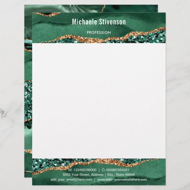 Green Gold Glitter Framed Your Letterhead Template (Front/Back)