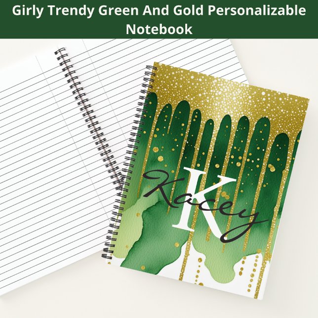Green Gold Glitter Girly Monogram Name Notebook (Creator Uploaded)