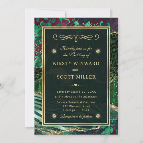Green Gold Glitter Jungle Agate Wedding Invitation