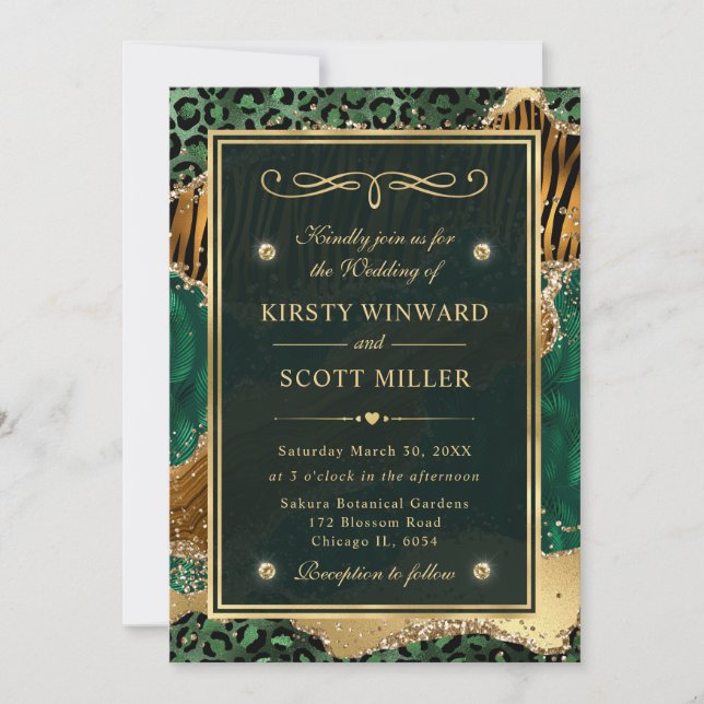 Green Gold Glitter Jungle Agate Wedding Invitation (Front)