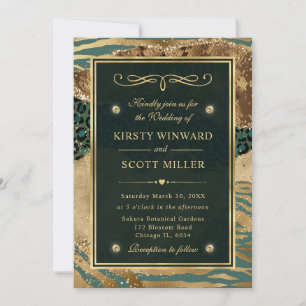 Green Gold Glitter Jungle Agate Wedding Invitation