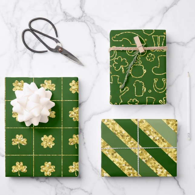 GREEN & GOLD GLITTER LOOK IRISH SHAMROCKS  WRAPPING PAPER SHEETS (Front)