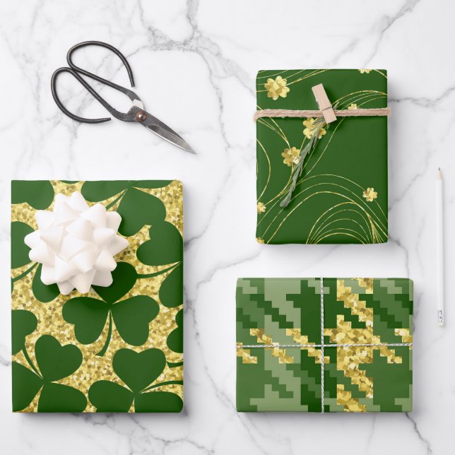 GREEN & GOLD GLITTER LOOK IRISH SHAMROCKS  WRAPPING PAPER SHEETS (Front)