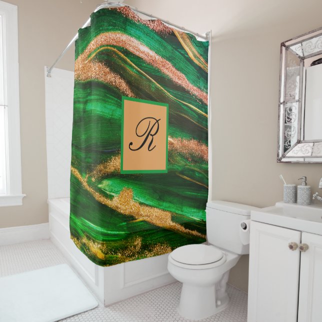 Green Gold glitter Marble Abstract Modern Monogram Shower Curtain (In Situ)