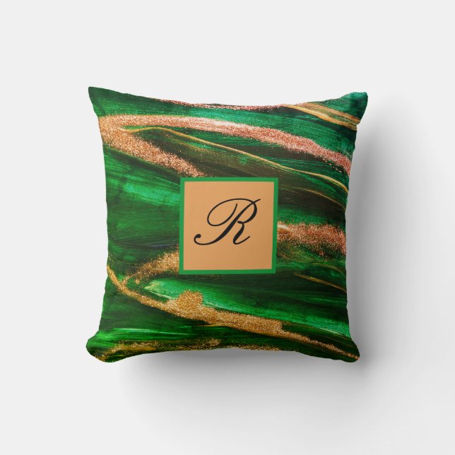 Green Gold glitter Marble Abstract Modern Monogram Throw Pillow (Front)