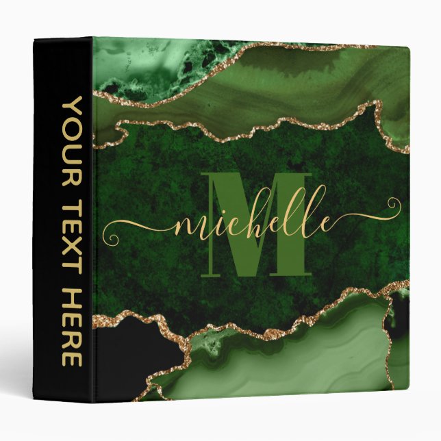 Green & Gold Glitter Marble Agate Monogram 3 Ring Binder (Front/Spine)