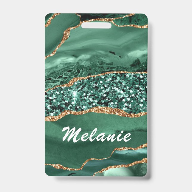 Green Gold Glitter Marble Custom Name Badge (Front)