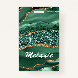 Green Gold Glitter Marble Custom Name Badge
