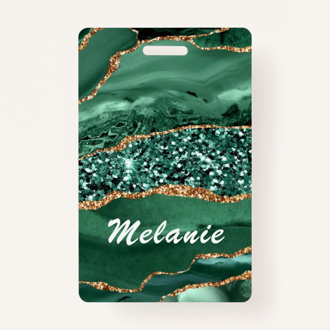Green Gold Glitter Marble Custom Name Badge (Back)