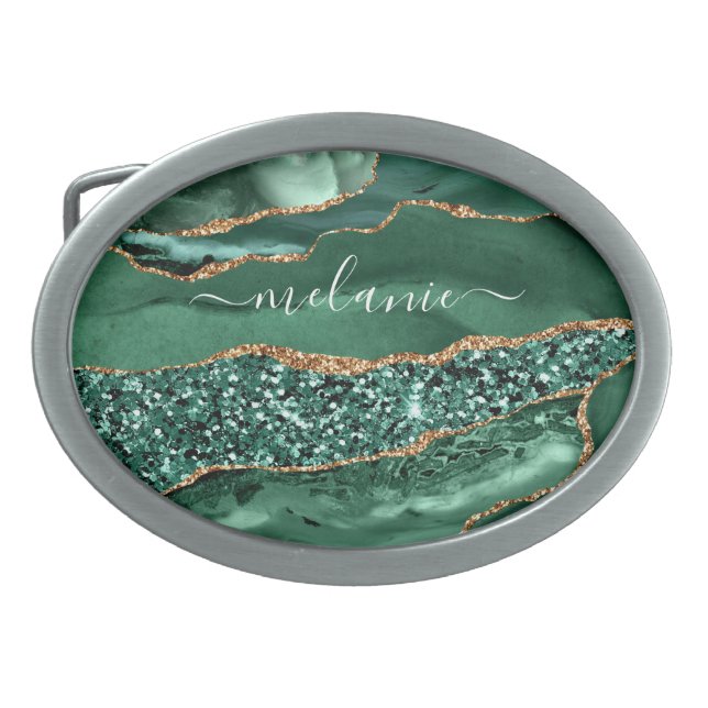 Green Gold Glitter Marble Custom Name Belt Buckle (Front)