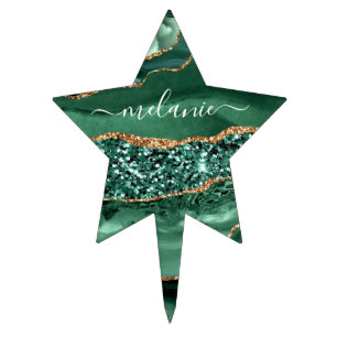 Green Gold Glitter Marble Custom Name Cake Topper