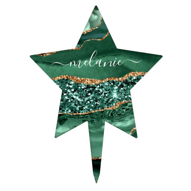 Green Gold Glitter Marble Custom Name Cake Topper (Front)
