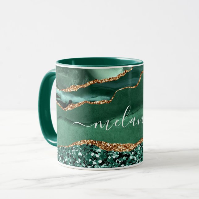 Green Gold Glitter Marble Custom Name Coffee Mug (Front Left)
