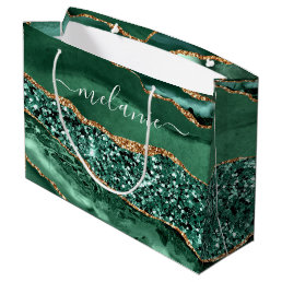 Green Gold Glitter Marble Custom Name Gift Bag