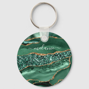 Green Gold Glitter Marble Custom Name Keychain