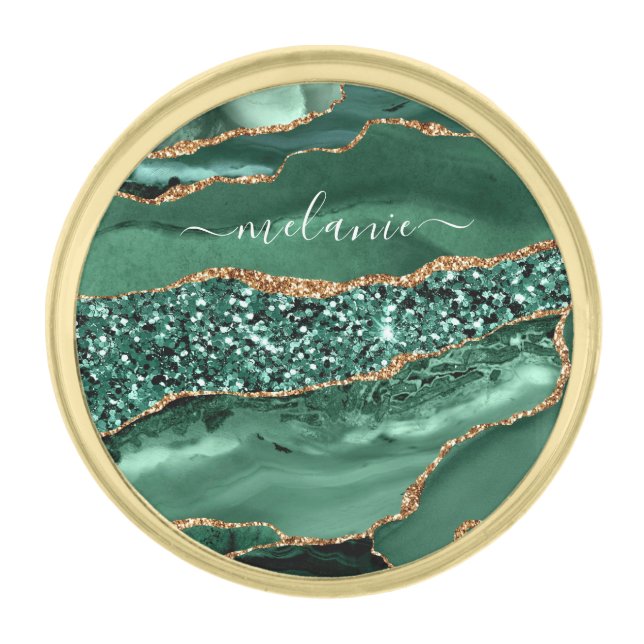 Green Gold Glitter Marble Custom Name Lapel Pin (Front)