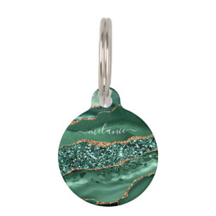 Green Gold Glitter Marble Custom Name Pet ID Tag