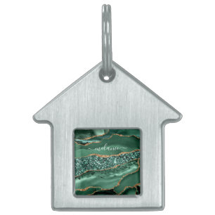 Green Gold Glitter Marble Custom Name Pet ID Tag