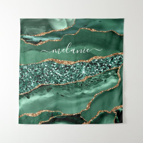 Green Gold Glitter Marble Custom Name Tapestry