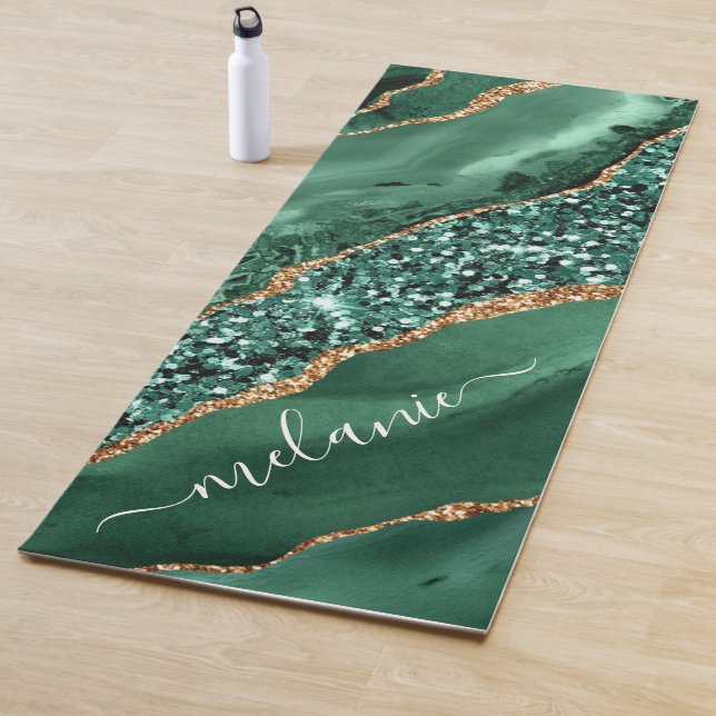 Green Gold Glitter Marble Custom Name Yoga Mat (In Situ)