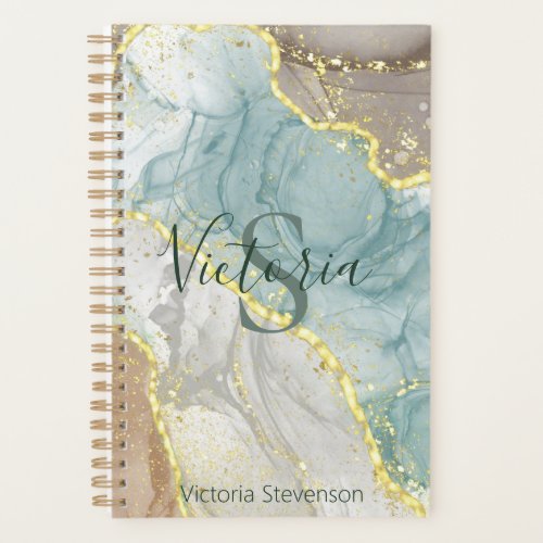 Green Gold Glitter Marble Geode Monogram Planner