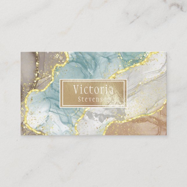 Green Gold Glitter Marble Geode Name Agate Busines Business Card (Front)