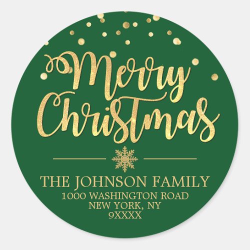 Green Gold Glitter Merry Christmas Address Classic Round Sticker