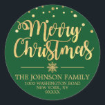 Green Gold Glitter Merry Christmas Address Classic Round Sticker<br><div class="desc">Lovely personalized calligraphy script Merry Christmas Holiday return address stickers to add to your envelopes,  greeting cards and/or gifts.  GREEN background (can be changed to any color) color with faux gold glitter confetti and snowflake.  Perfect for any holiday occasion. Editable template labels.</div>
