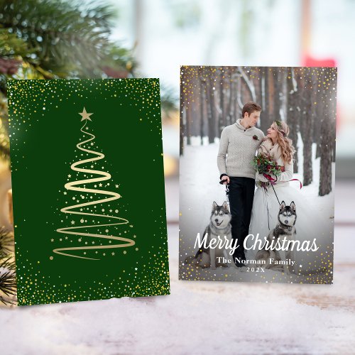 Green Gold Glitter Merry Christmas Photo Holiday Card