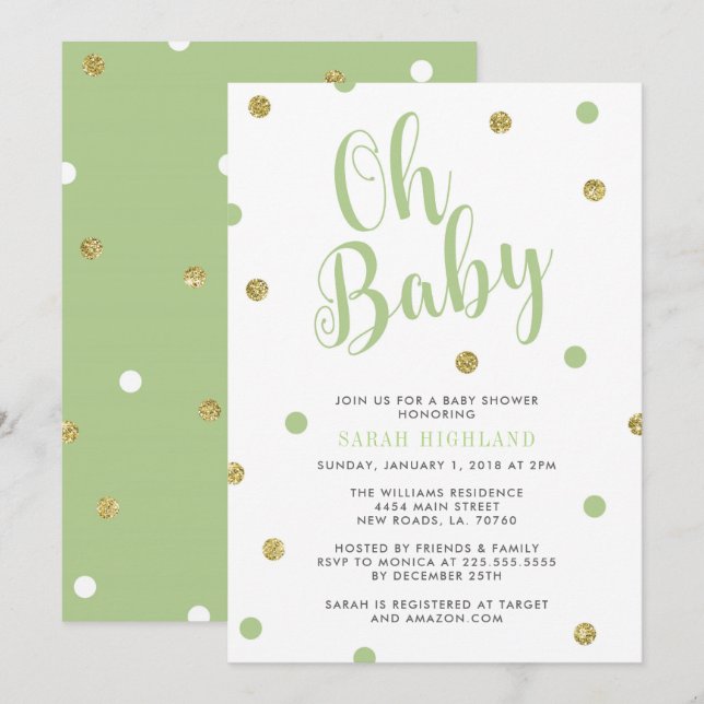 Green & Gold Glitter Oh Baby Shower Invitation (Front/Back)