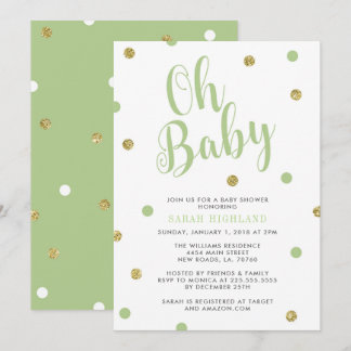 Green & Gold Glitter Oh Baby Shower Invitation