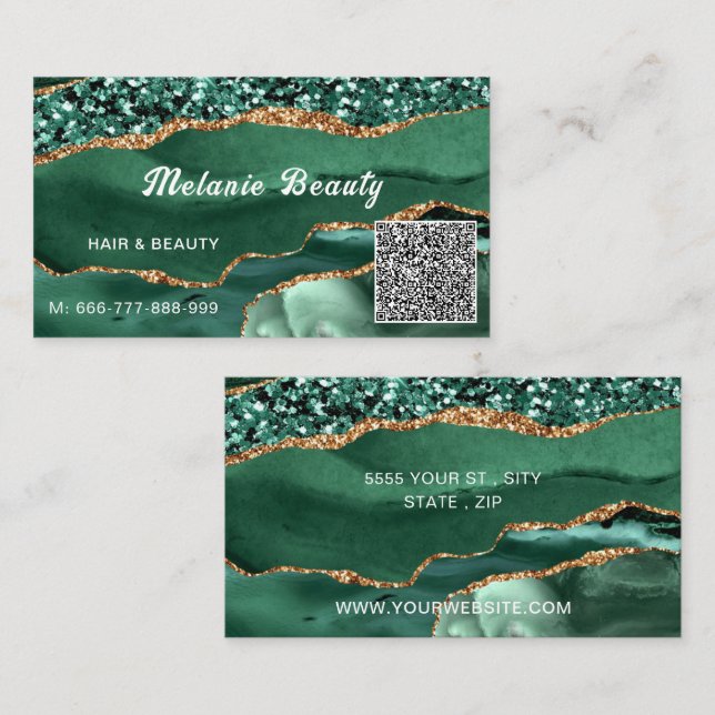 Green Gold Glitter QR Code Business Card Template (Front/Back)