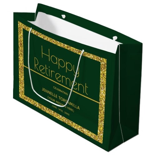 Green Gold Glitter Retirement Party Large Gift Bag