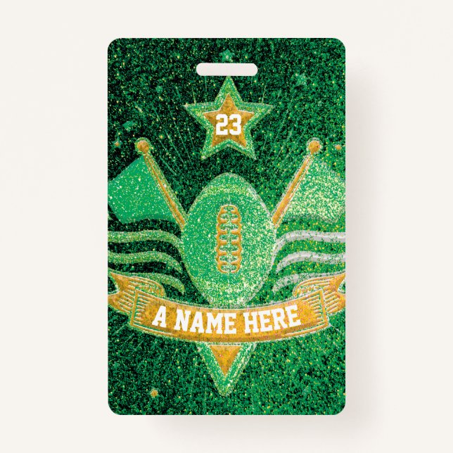 Green & Gold Glitter School Football Team Sports Badge (Front)