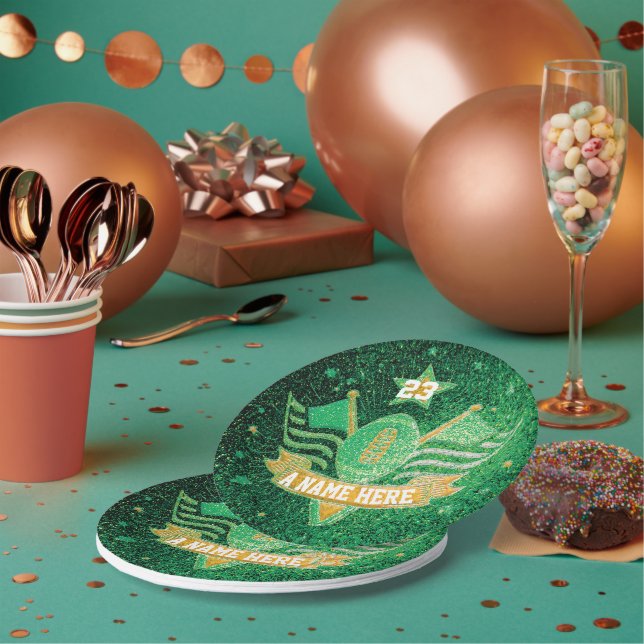 Green & Gold Glitter School Football Team Sports Paper Plates (Multi)