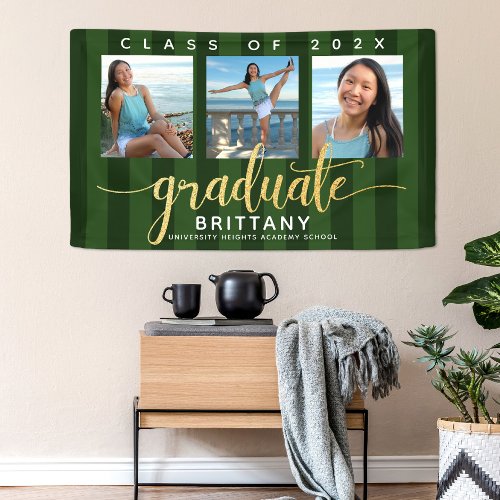 Green gold glitter script graduation 3 photo chic banner