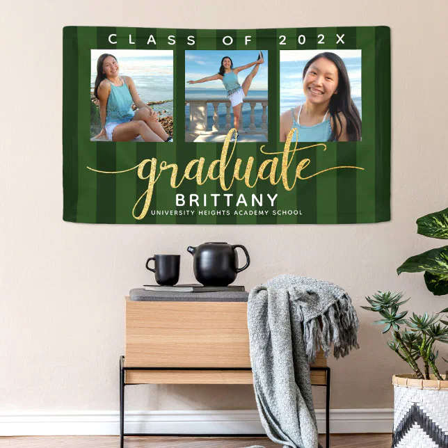 Green gold glitter script graduation 3 photo chic banner | Zazzle