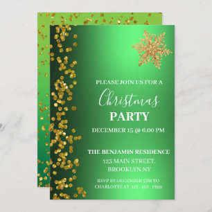 Green Gold Glitter Snowflake Christmas Party  Invitation